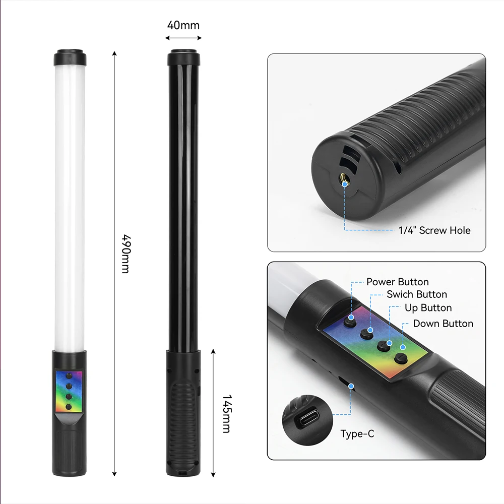 Video RGB LED Bar Portable Handheld Tube Light Wand Remote Control Webcam Lighting 205LM 8W RGB Photography Light Stick