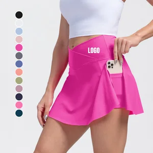 Custom Logo High Waist Tennis Skirt Quick Dry Breathable Workout Running Anti-Exposure 2-IN-1 Sports Fitness Skorts with Pocket