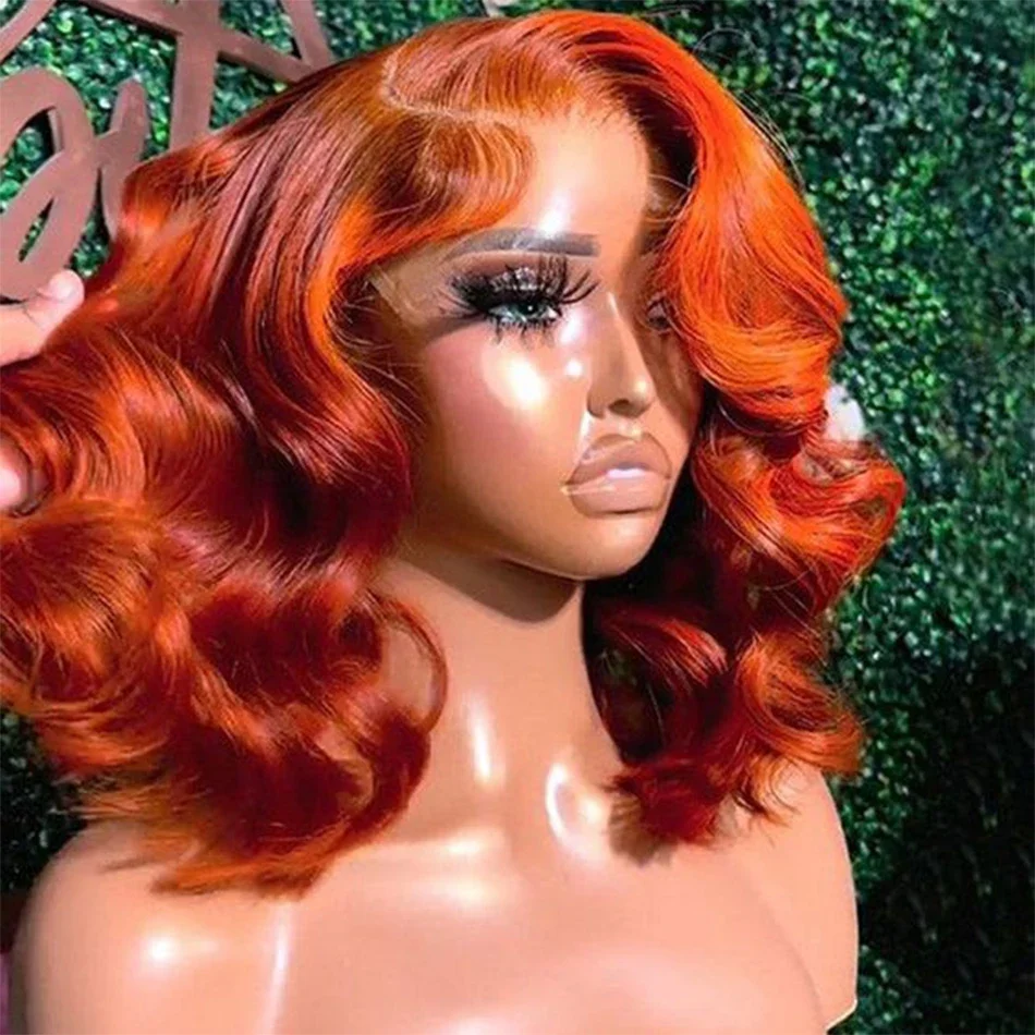 Kurze Bob-Perücken, Ingwer-Orange, Boby-Wave-Bob-Perücken für Frauen, 180 % Dichte, 13 x 4 Frontalspitze_voghion.com