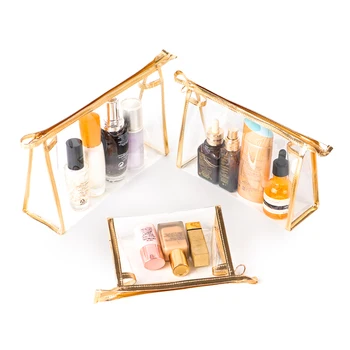 Transparent Triangle TPU Makeup Bags Bright Gold Minimalist Makeup Bag Large Capacity Waterproof Bathroom Toiletry Bag