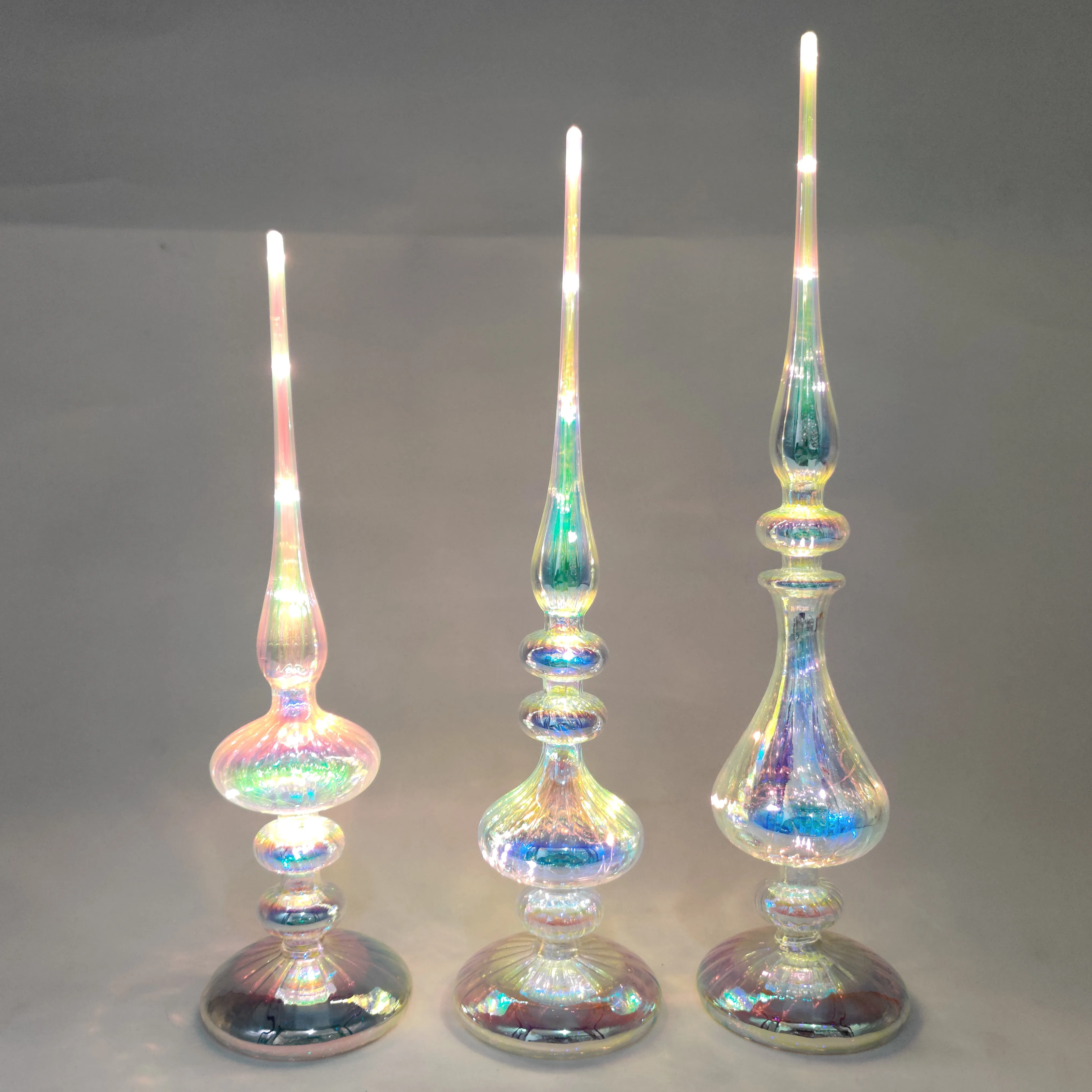 Battery operated vintage led lighted hand blown glass Christmas tabletop tree set of 3 for sale