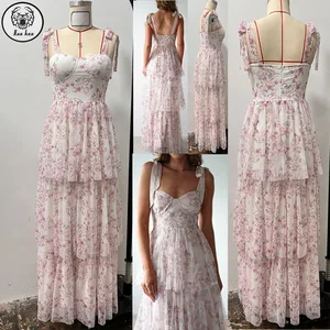 Wholesale Summer Pink Floral Printing Cinch Waist Slim Fit Women Casual Layered Maxi Dresses