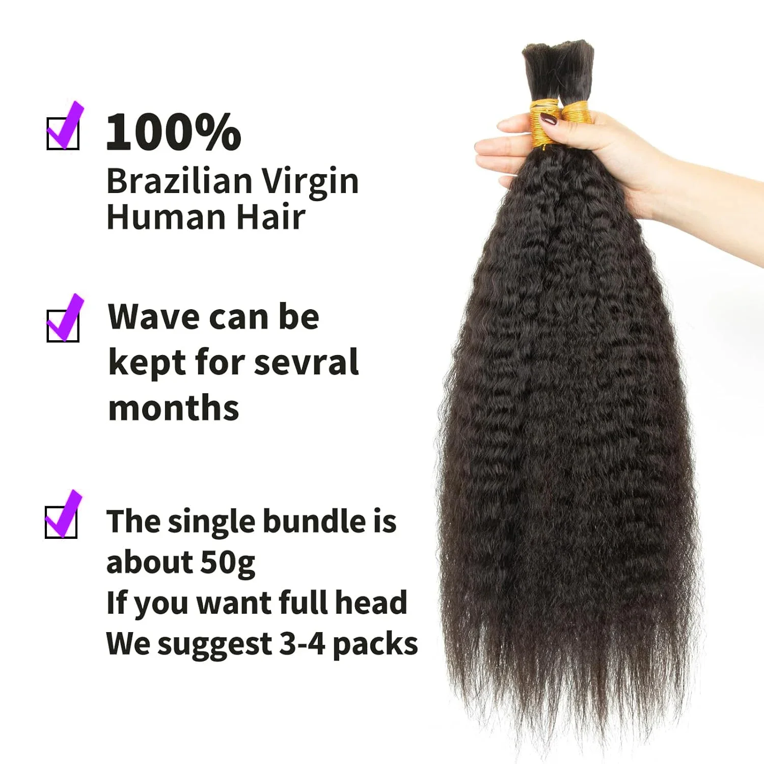 Kinky Straight Hair Bulk Brazilian Remy Human Hair Bulk For Braiding No Weft Crochet Braid Weft Hair Bulk Natural Black Color 1B_voghion.com