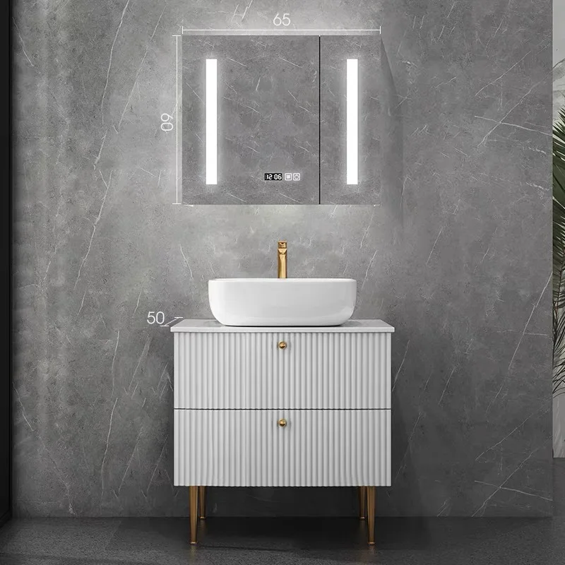 product custom modern luxury curved floor standing bathroom cabinet bathroom fluted textured vanity with sink smart led mirror-6