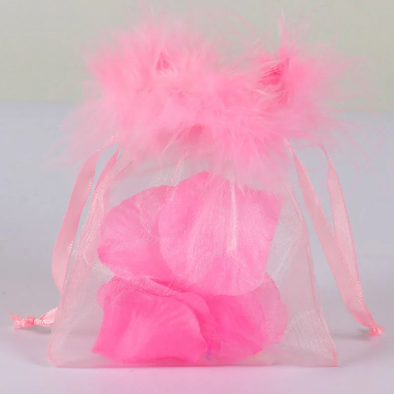 11 14CM Wholesale In Stock Feather Organza Bag Organza Drawstring Pouches Candy Pouch Jewelry Mesh Gift Fur Organza Bag 2021 New Alibaba