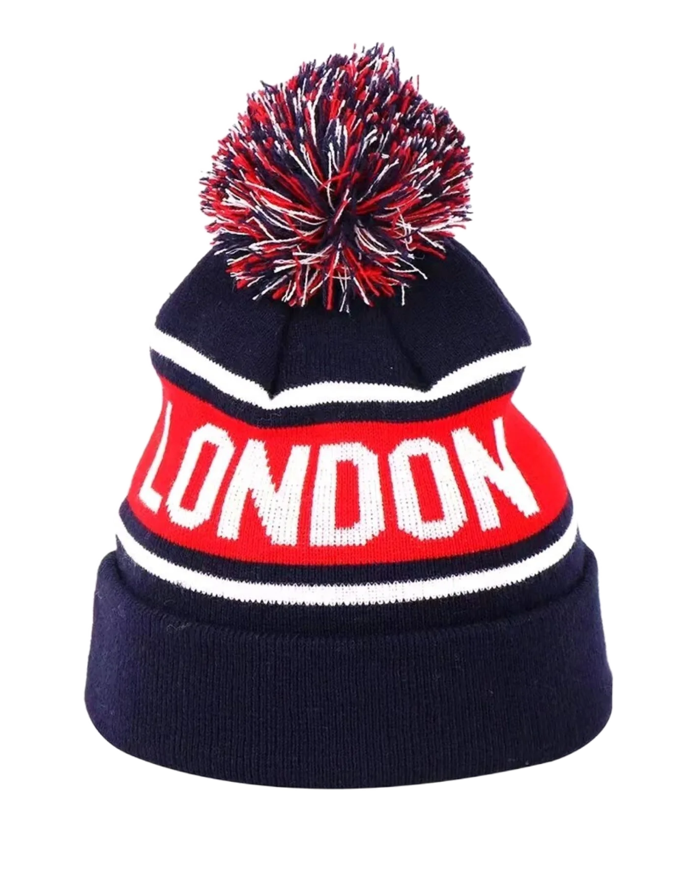 Men'beanie Custom Logo Jacquard Big Letters Knitted Cuff Wholesale Custom Striped Pom Pom