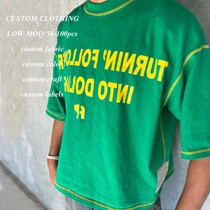 OEM Factory Custom Contrast Stitching 250 Gsm Heavyweight Crop Boxy Fit Short Sleeve T-Shirt for Men