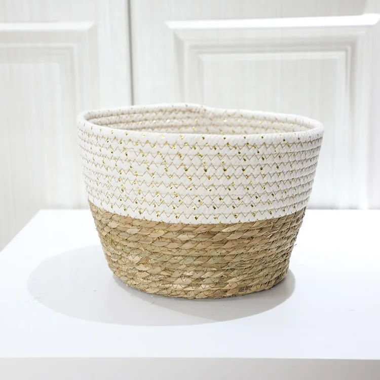 Set 3 Round Natural Cattail And Cotton Rope Seagrass Storage Baskets