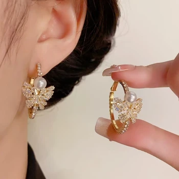 14K Copper Gold-Plated Ear Ring Trendy Micro-Inlaid Synthetic Zircon Butterfly Pearl Earrings Exquisite Fashion Wholesale
