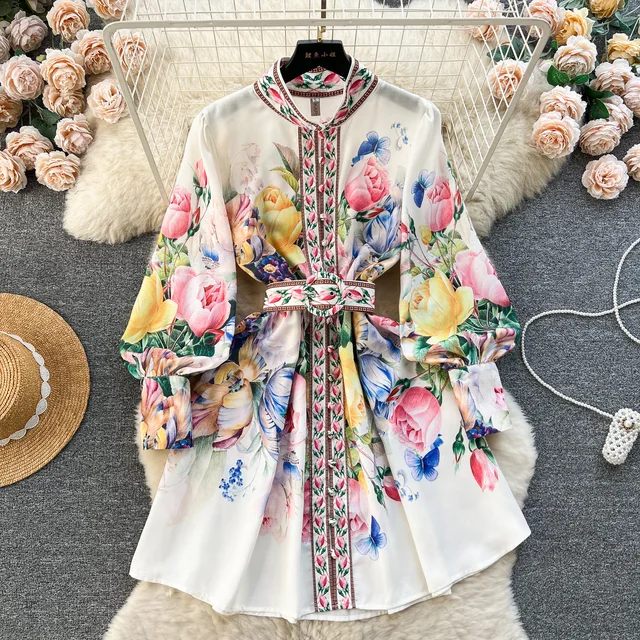 ZT1196 2024 New design flower women mini stand collar casual dress