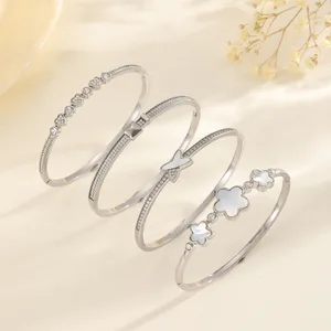 MW Four-leaf Clover love X-letter Geometric Inlaid Zircon Girl's High-end Light Fashion Small Fresh Design Stainless Bangle