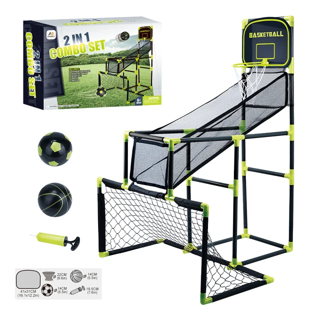 2024 Popular 2 In 1 Combination Sport Toys Plastic Arcade Basketball set & Kids Soccer Goal For Indoor Outdoor Playing