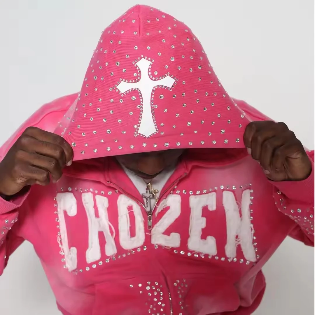 Custom Rhinestone Hoodie DTG Print 100% Cotton Full Cropped Raw Hem Hoodies Zipper Printing Hoodie French Terry