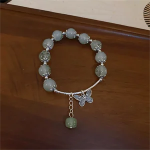 Vintage Style Beaded Bracelet with Green Beads Silver Butterfly Charm Pendant Elegant Design for Women's Daily Wear Gifts