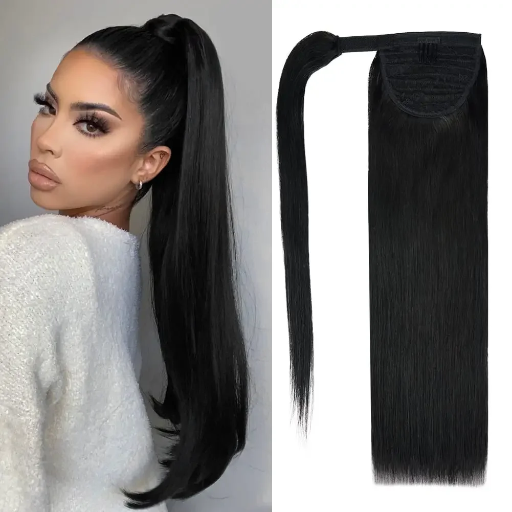 Langer, gerader Pferdeschwanz aus menschlichem Haar, zum Umwickeln, 100 % Remy-Extensions, Clip-Ins, natürliche schwarze Farbe, Nr. 1, Haarteil für Frauen_voghion.com