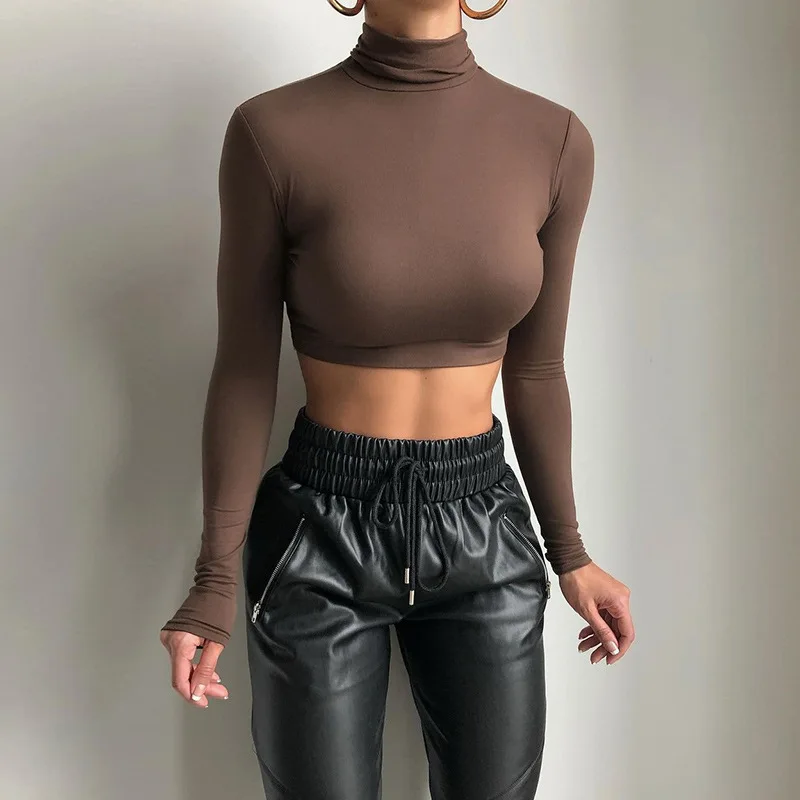 Plain Fashion Turtle Neck Long Sleeve Blank Crop Top Shirts Spring Sexy  Women Clothing Fitted Tops T-Shirts for Women