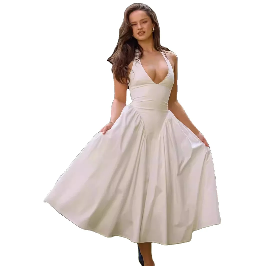 White Backless Summer Beach Dress French Style Ladies Elegant Dresses  Sleeveless V Neck Halter Neck Dress for Party| Alibaba.com