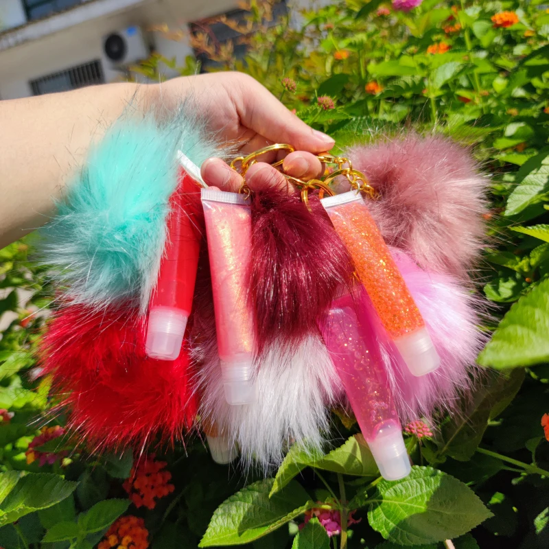 
 Блеск для губ, база, частная торговая марка, прозрачный фруктовый брелок, плюшевый помпон, фруктовый вкус, макияж, веганский блеск, оптовая продажа, масляный блеск для губ  