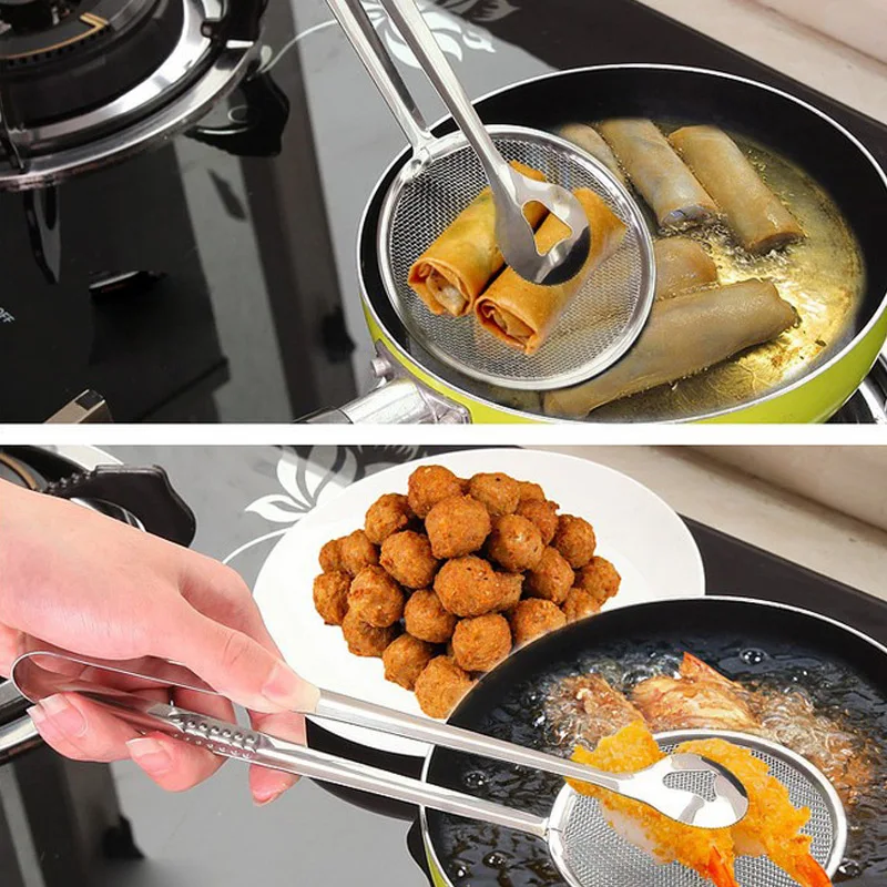 2pcs Stainless Deep Frying Tongs with Strainer Fry Kitchen Utensil Homeware