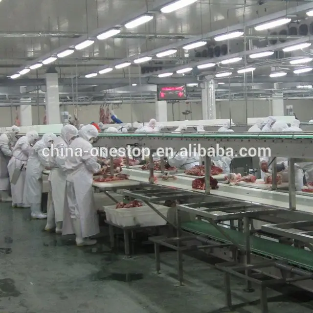 Conveyor belt for deboning and cutting beef in meat processing plant