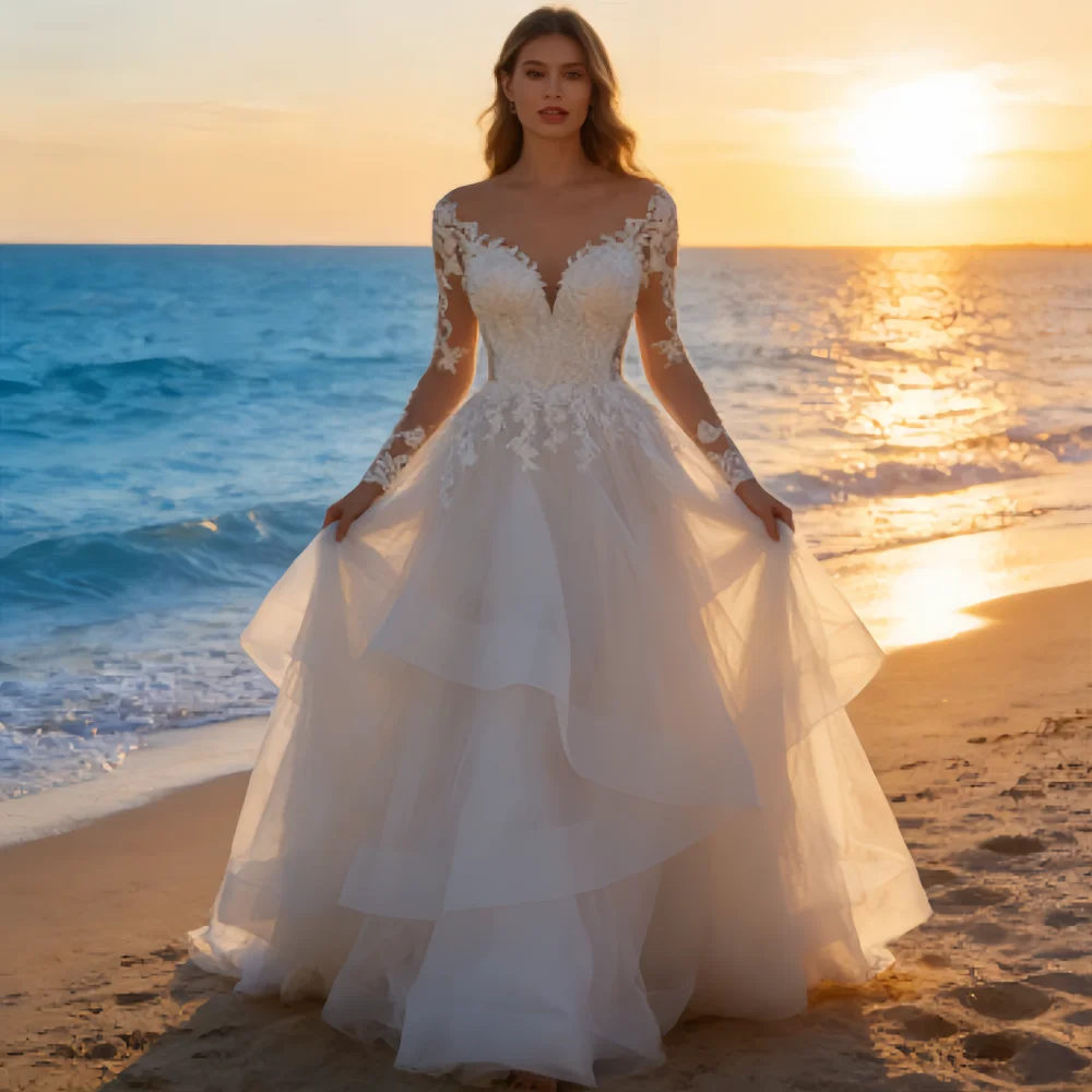 sachin and babi light blue dress Boho A Line Wedding Gowns for Plus Size Women - Empire Waist, Lace Appliques, V-Neck, Long Sleeves, Floor Length