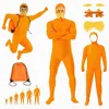 Orange jumpsuit, beard, glasses, backpack