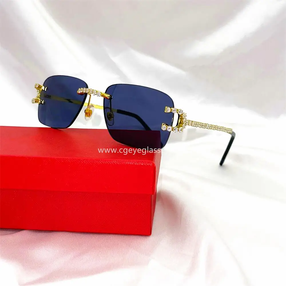 2022 Luxury Rhinestone Sunglasses Small Rimless Rectangle Sun Glasses Wholesale Crystal