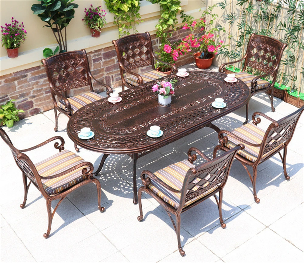 Nordic villa die cast aluminum dining set luxury casting metal outdoor dinner table