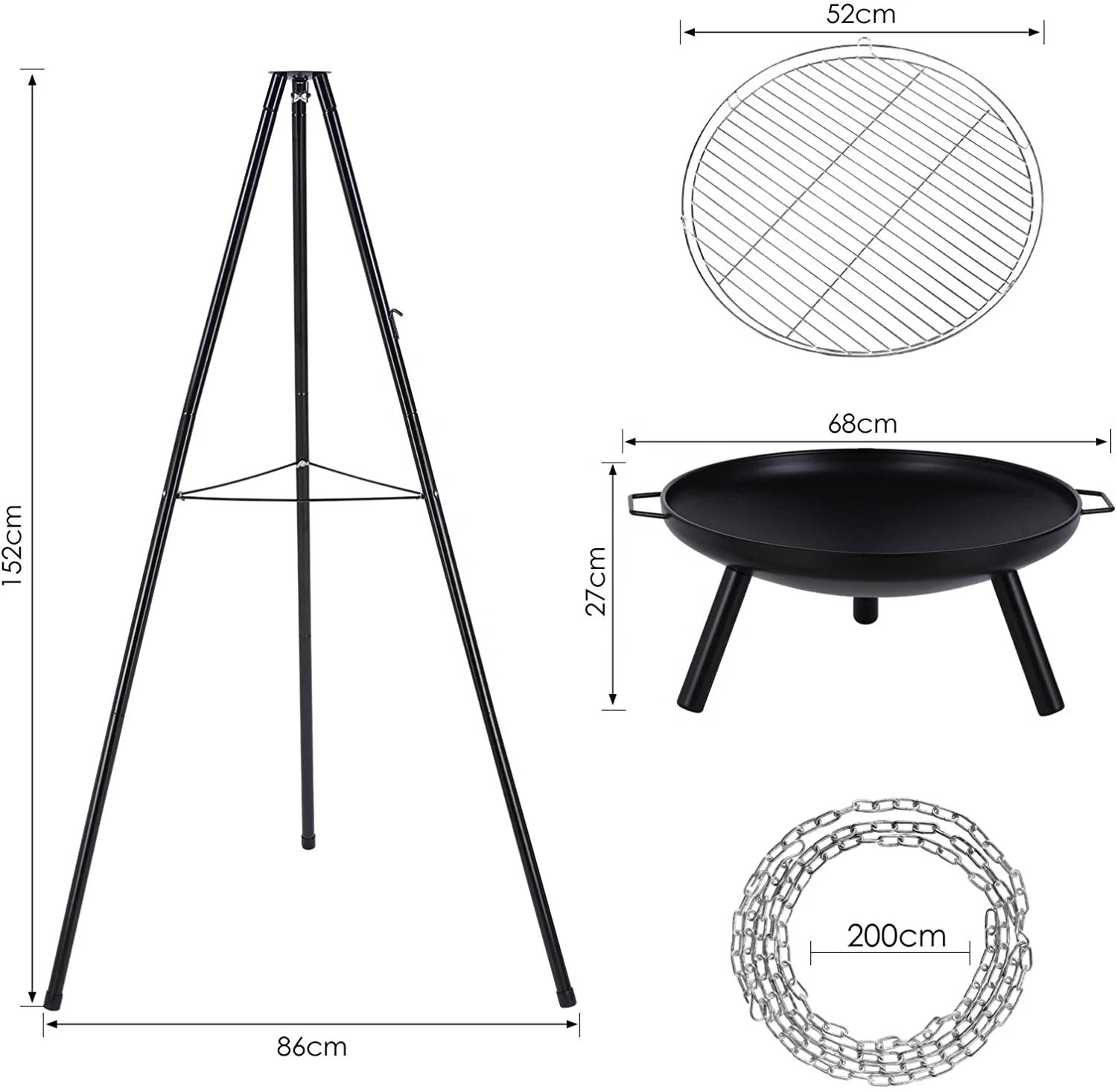 Set Dutch Oven TP Premium 7 Pièces - Marmite Fonte, Trépied, Grille - Pour BBQ, Feu De Camp - Cadeau