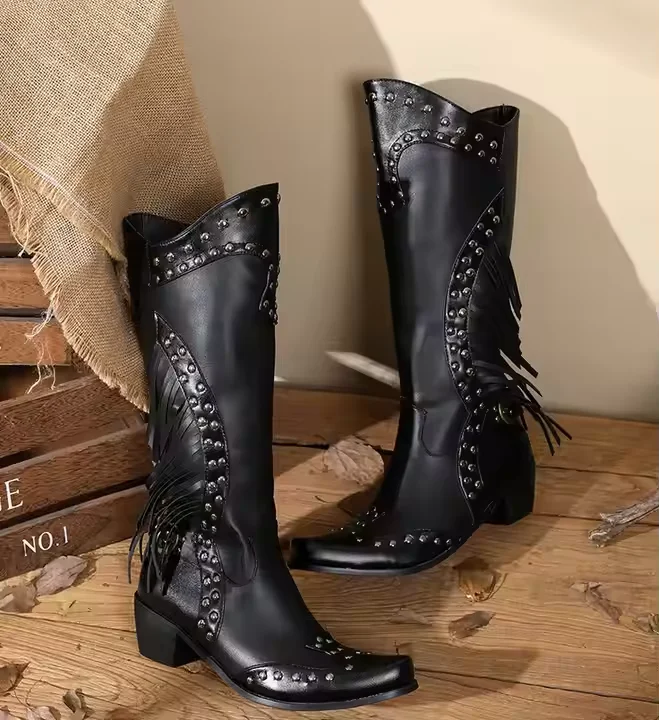 Size 35-45 Vintage Ladies Knee High Wide Calf Boots Western Style Women Fringes Cowboy Boots - Image 2
