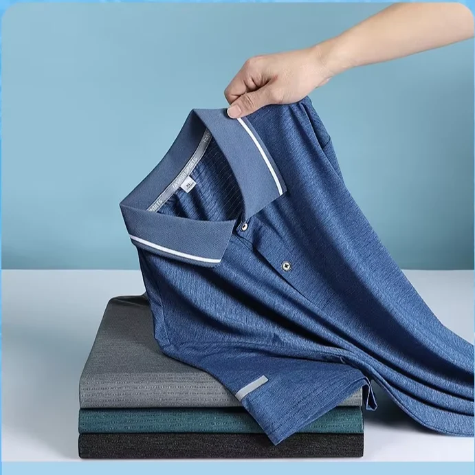 Breathable solid color short-sleeved shirt, 65% nylon, 20% polyester, 15% spandex, plus sizes M-7XL, quick-drying, four-way stretch men's casual top.