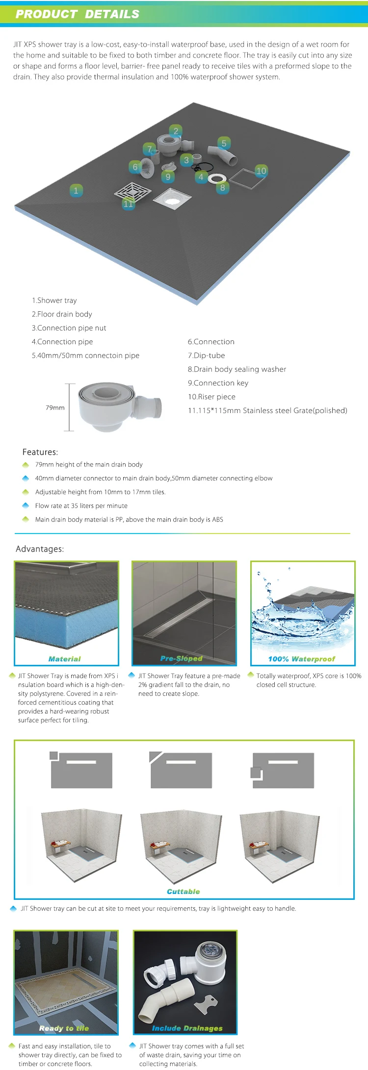 High Rigidity Tileable Waterproof Shower Pan Uk Xps Shower Room Base