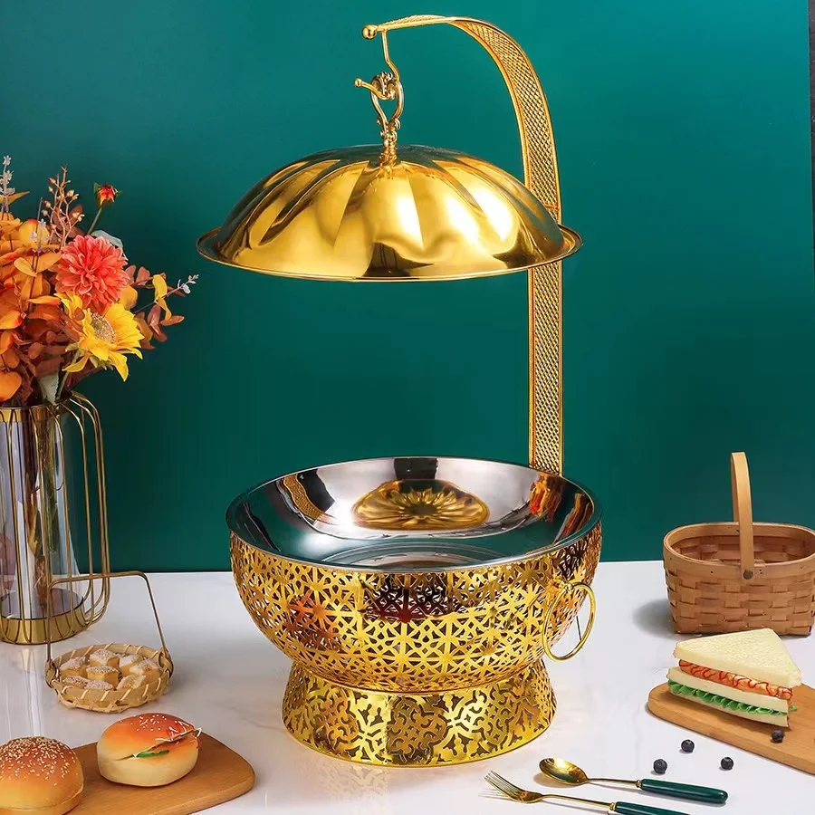 Baokang 2026 New Design Luxury Gold Food Warmer Buffet Catering Stainless Steel Hanging Chafing Dish 1 Year Warranty