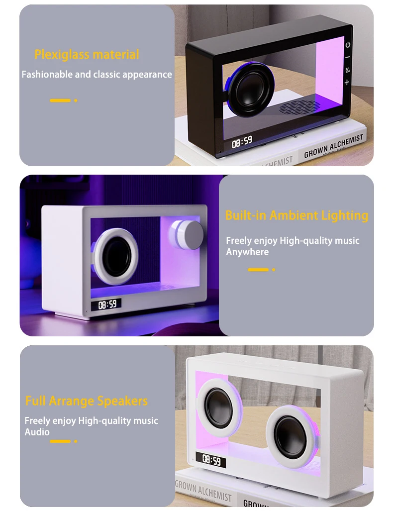 Factory Directly Supply DC5V 800mAh Classic Model Transparent Wireless Bluetooth Speaker with LED clock Display TF Card Playback