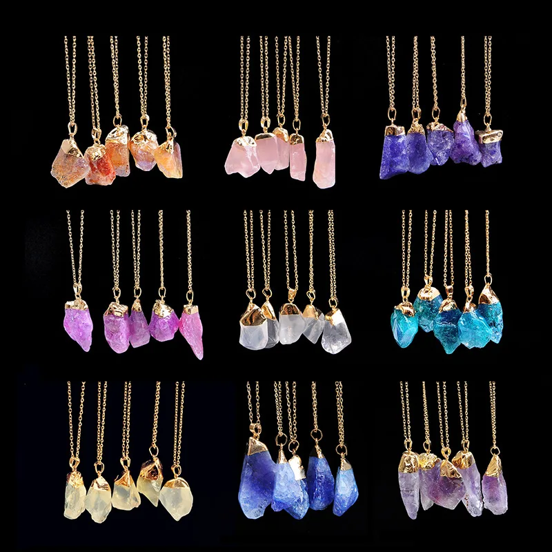 Multi Color Natural Stone Crystal Plain Stone Pendant with Gold Alloy Chain for Sweater Gemstone Raw Rocks Necklace