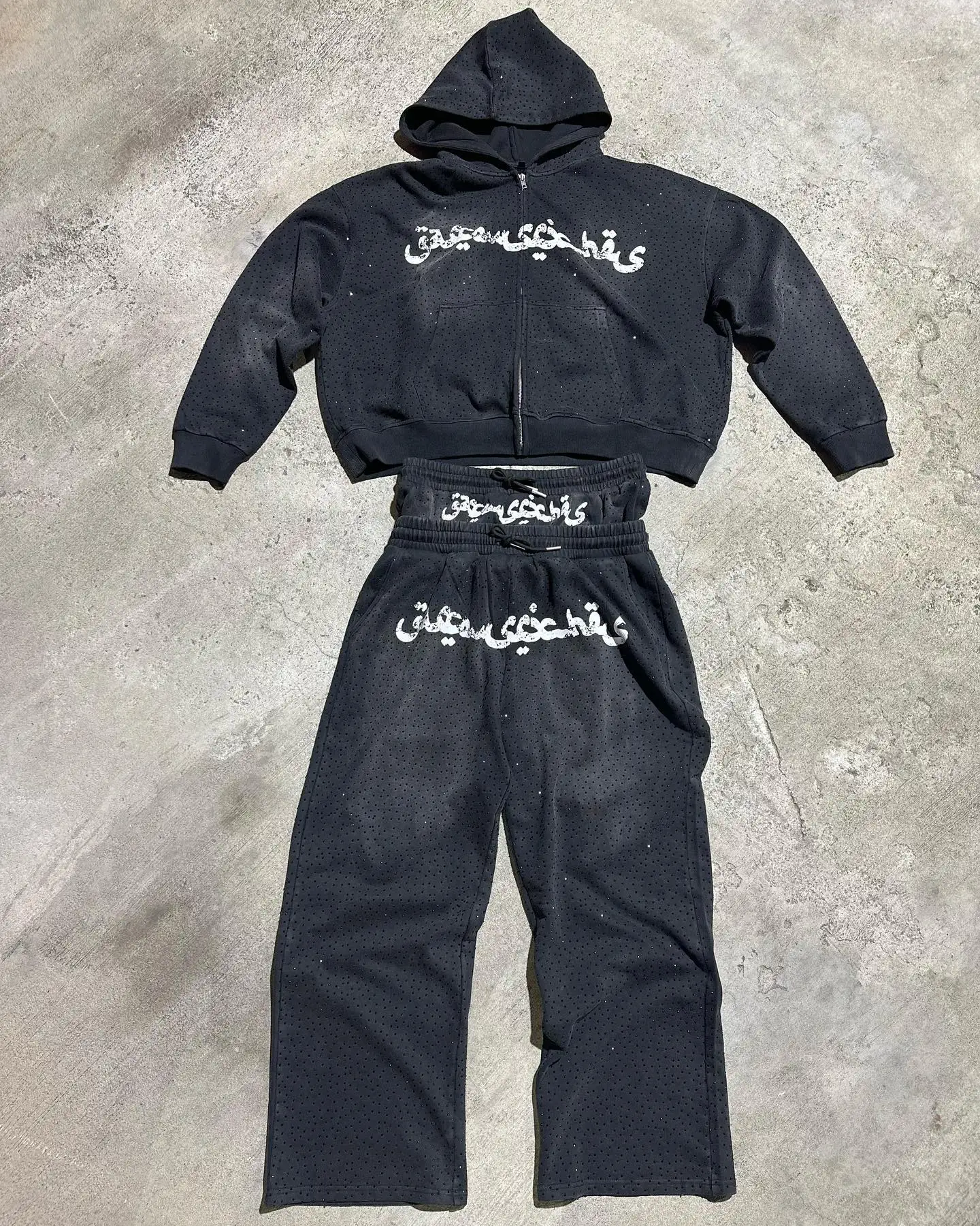 Custom Cotton French Terry Rhinestone Sun Dye Vintage Sweat Jogger Track Pants Acid Wash Double Waisted Flared Sweatpants Men gallery 4