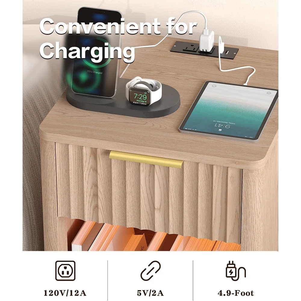 product nu deco mh25827 modern mid century wooden nightstand charging station led light drawer 15dx157wx226h bedroom natural oak-5