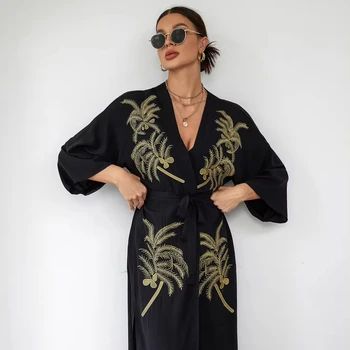 New Design Rayon Fabric Woman Beach Cardigan Embroidery Open Front With Belt Long Kimono