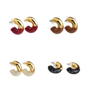 RFJEWEL Classic Fashion C-shaped Chunky Hoops Brass Gold Plated Trendy Stud Earrings