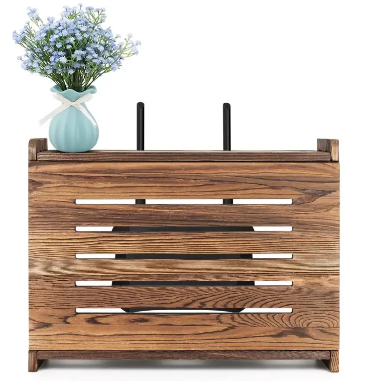 Wooden Router Shelf Wall Mount WiFi Router Storage Box Modem Cable Cover Organized Power Strip Cable Management Hider Rack