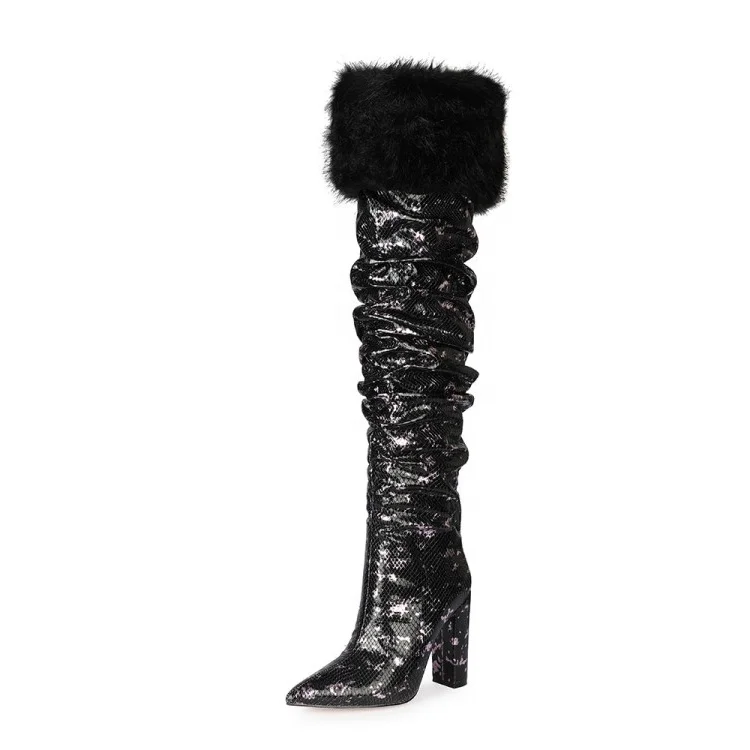 snakeskin thigh high boots chunky heel
