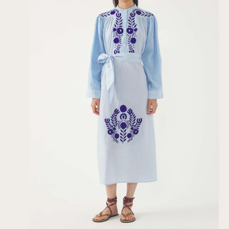 blue striped embroidered dress Women's The Space Between Blue Stripe Embroidered Eyelet Maxi Dress | Size: L main image 0