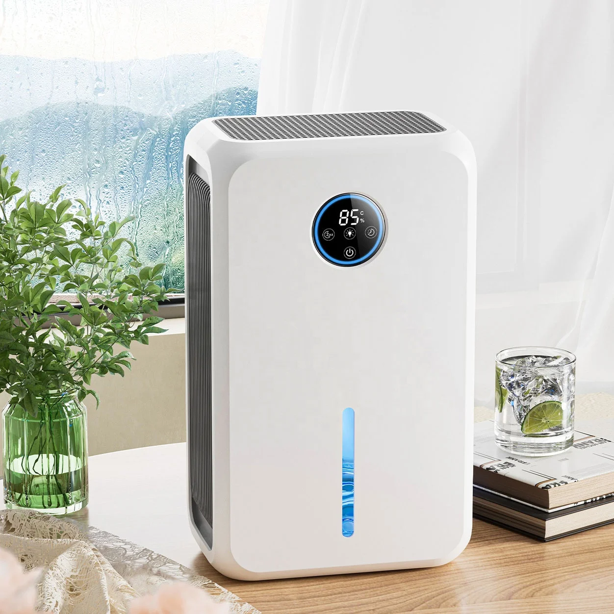 Compact Desktop Dehumidifier with Smart Touch Controls Blue Ambient Light Efficient Moisture Removal for Bedroom Office 2