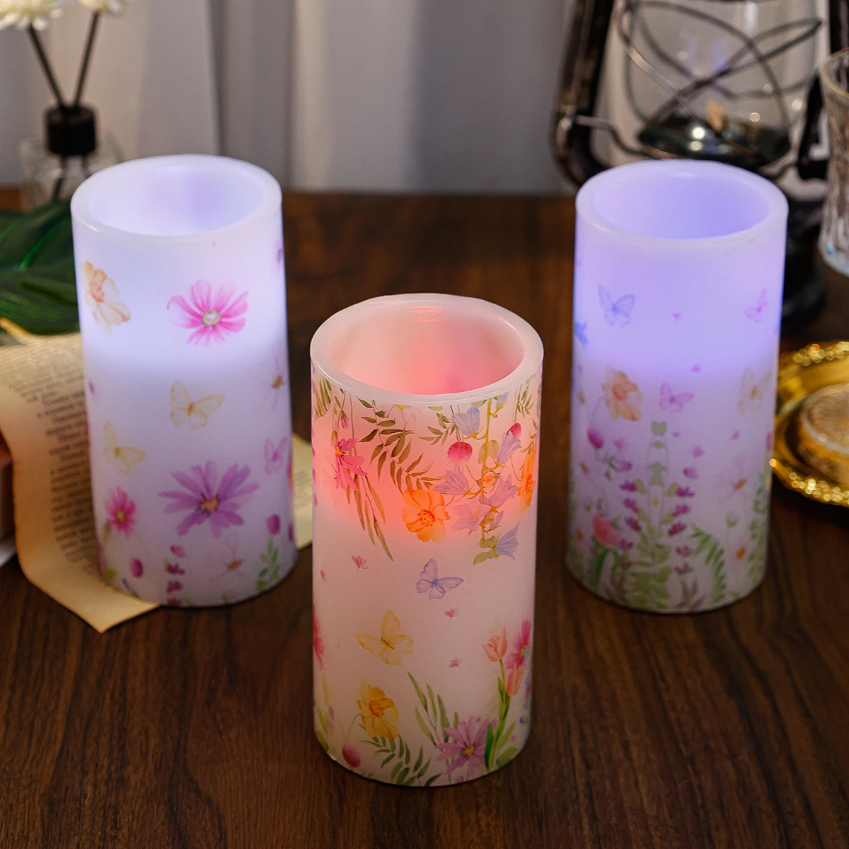 Rainbow Remote-controlled Spring LED Candles Flowers and butterfly Candle Lamp Battery Powered Gardens Courtyard Home Decoration