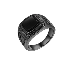 Keiyue Men's Black Onyx Ring with Square Black CZ Stone Black Plated Gemstone Ring