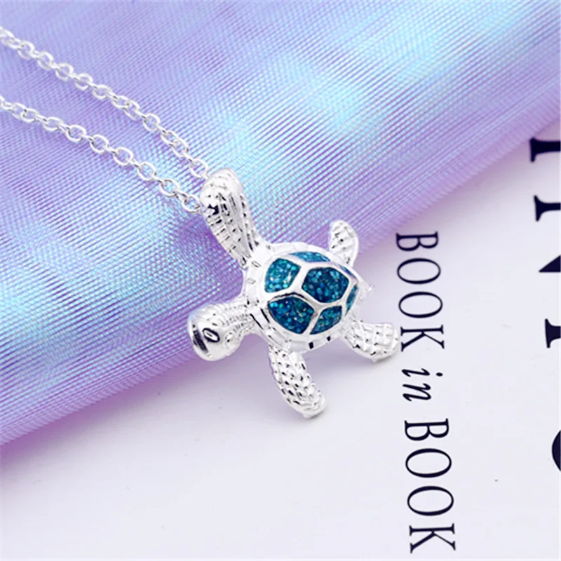 1PC Silver Filled Blue Opal Sea Turtle Cutout Pendant Women Necklace Beach Gift