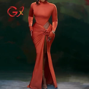 GX3300 Fashion 2026 Fall Clothing Vendor Long Sleeve Hollow 3D Floral Turtleneck Maxi Dress Elegant Unique Party Split Dresses