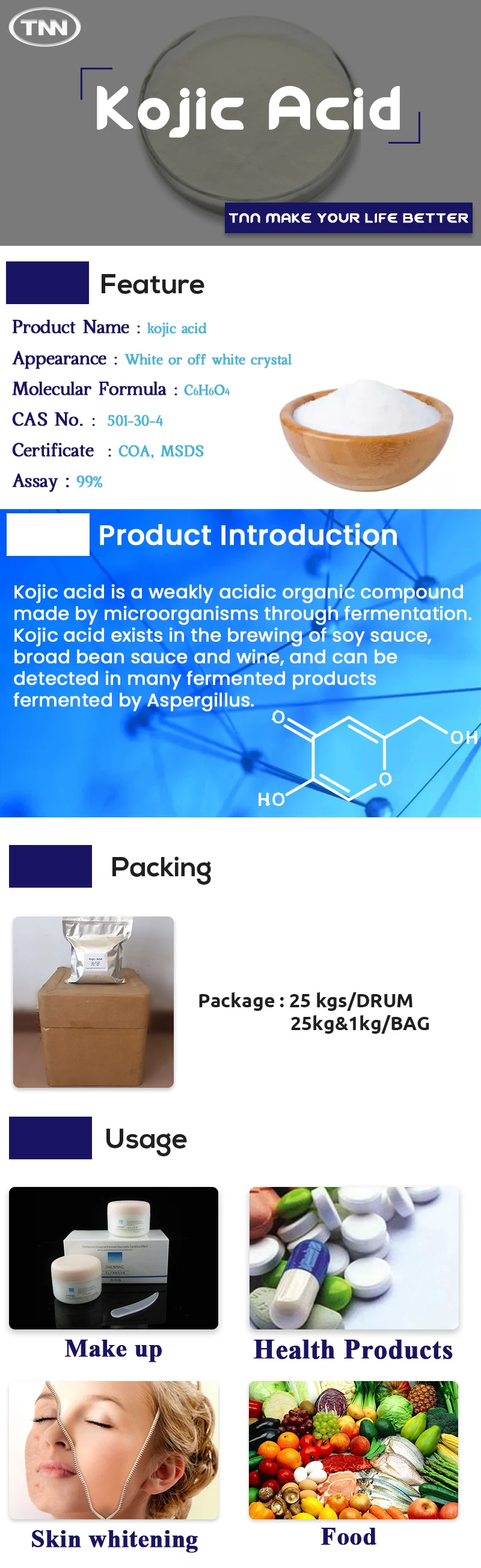 Kojic Acid White Cas 501-30-4 - Buy Kojic Acid Whitening Cream,Kojic ...