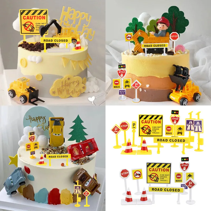 Decoración para Tartas de Construcción, Excavadora Topper Tarta Cumpleaños, Cake Cupcake Topper Señales Tráfico, Adorno para Vehículos de Construcción, decoración para tartas para niños
