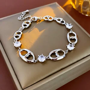 Silver Plated Bracelet Shaped Crystal Accents Elegant Chain Bracelet for Women Fashionable Party Jewelry